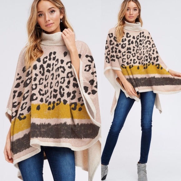 04 Cozy Turtleneck leopard Print Striped Poncho Top - Picture 1 of 2